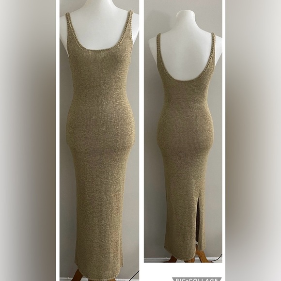 Nude crochet sweater knit midi dress with split boho minimalist y2k - Picture 2 of 4